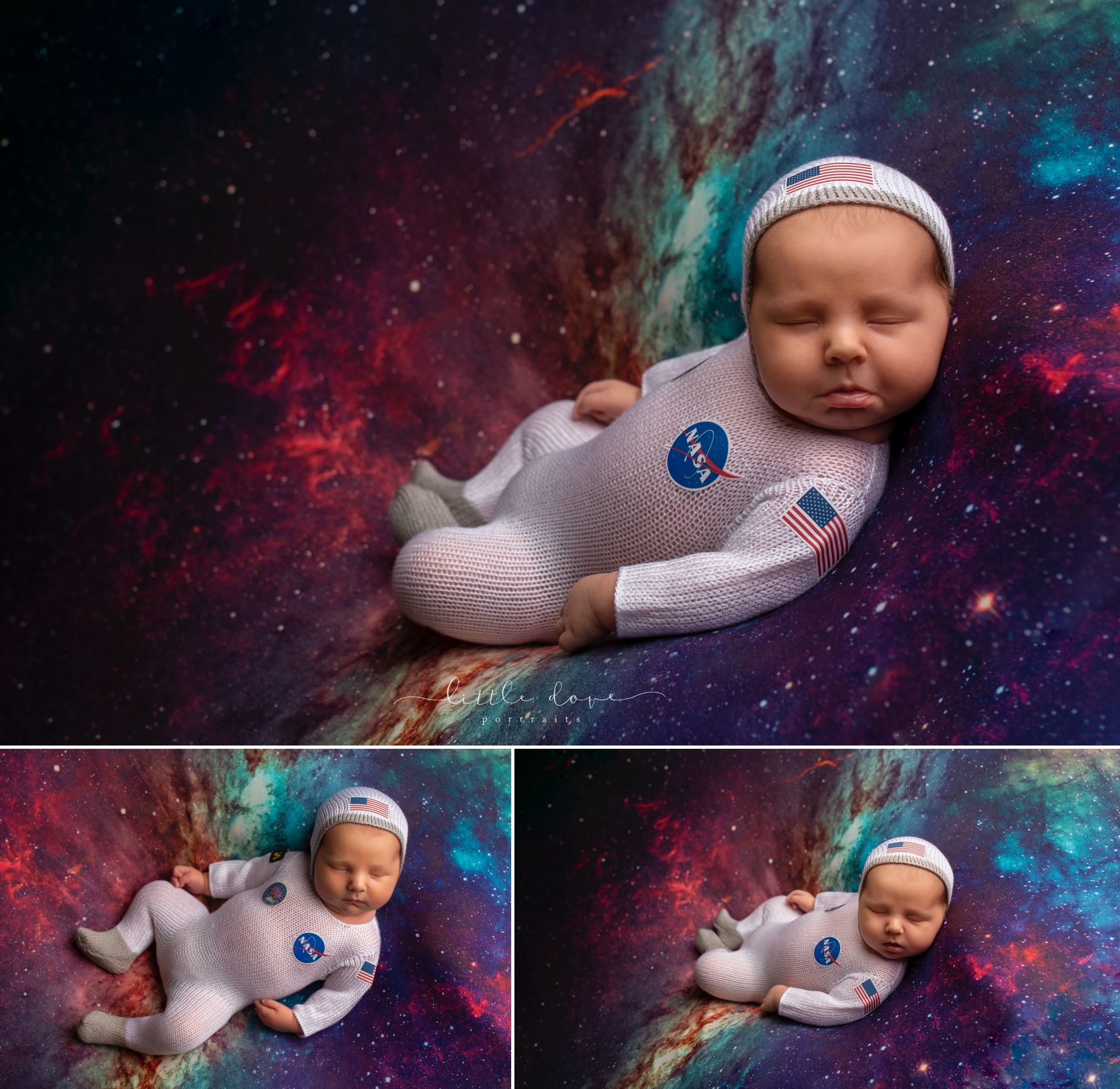 baby astronaut costume with nasa logo photoshoot | Best Dallas newborn photographer